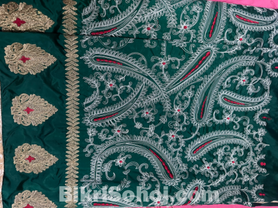 Green Pure Kantha Stitch Silk Saree Traditional